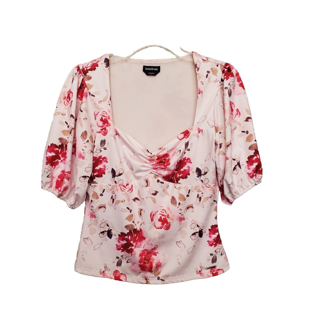 Bebe Pink Sweetheart Neckline Puff Sleeve Floral Print Lined Top Size Medium